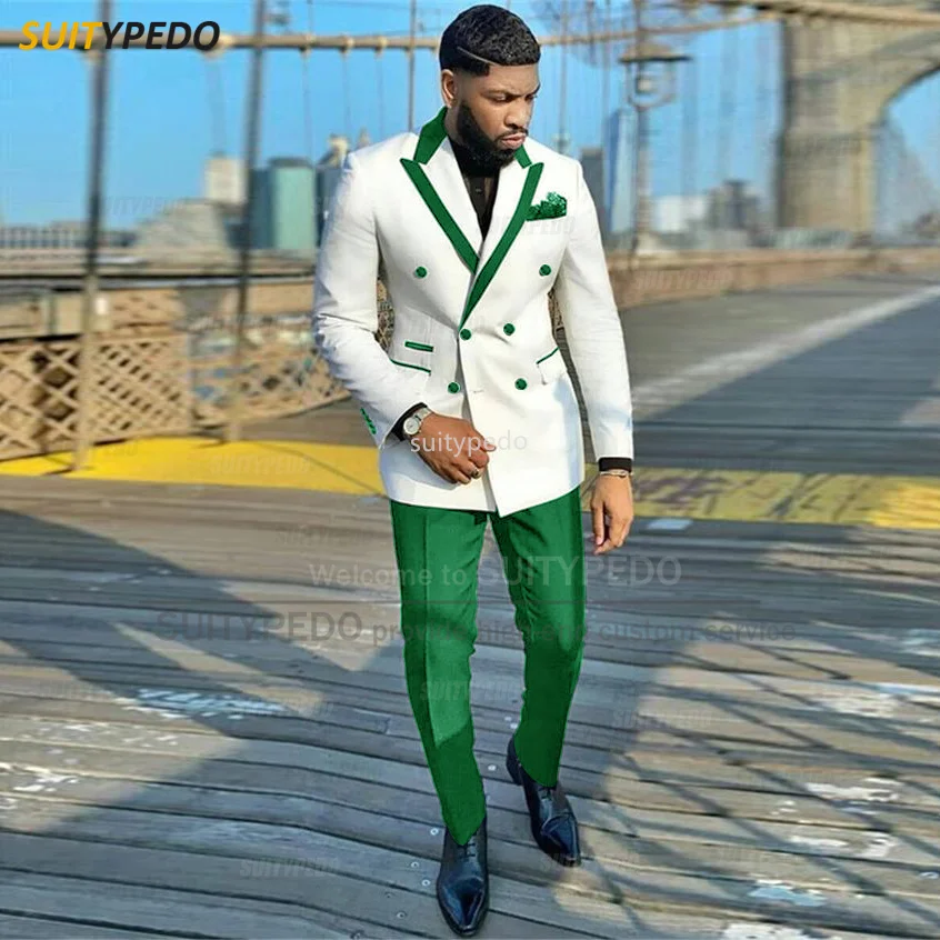 Fashion White Men Suits Slim Fit Double Breasted Blazer Pants 2 Pieces Tailor-made Luxury Business Party Wedding Tuxedos for Men