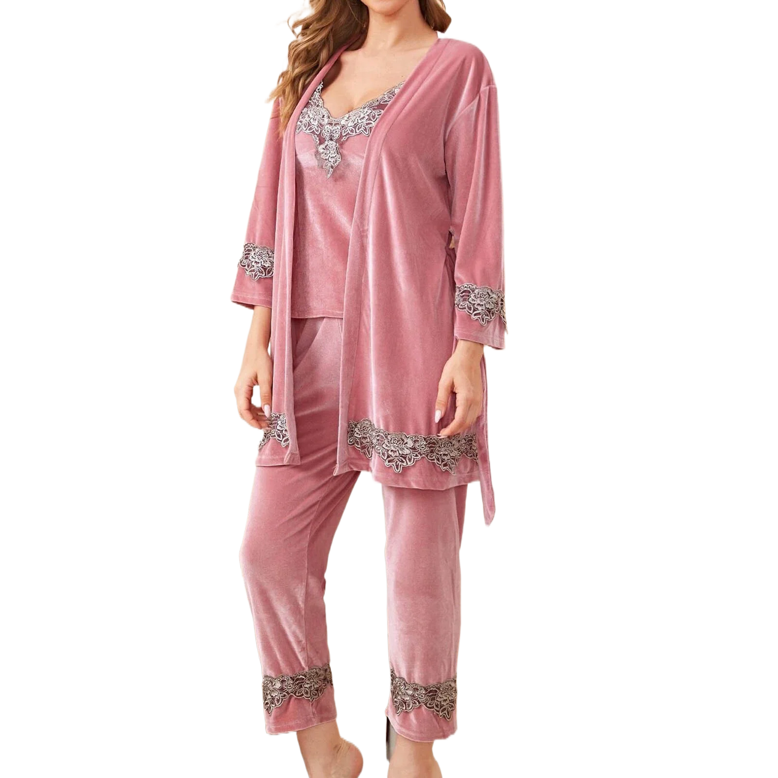 

Новая модель европейской и американской сексуальной разноцветной домашней одежды - модная и удобная пижама с кружевной отделкой и халатом 9527E