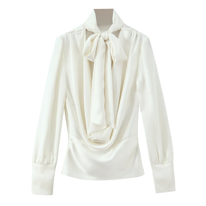 

Casual Women's Silk Satin Shirts Long Sleeve Turtleneck Sexy Backless Womens Bow Lace-up Blouse Tops Zip-up Elegant White Shirt