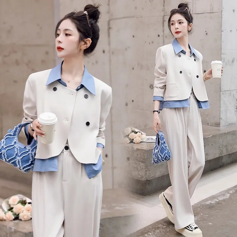 

2023 Spring and Autumn New High-grade Fashion Contrast Color Panel Long Sleeve Top Wide Leg Pants Two-piece Set Tide