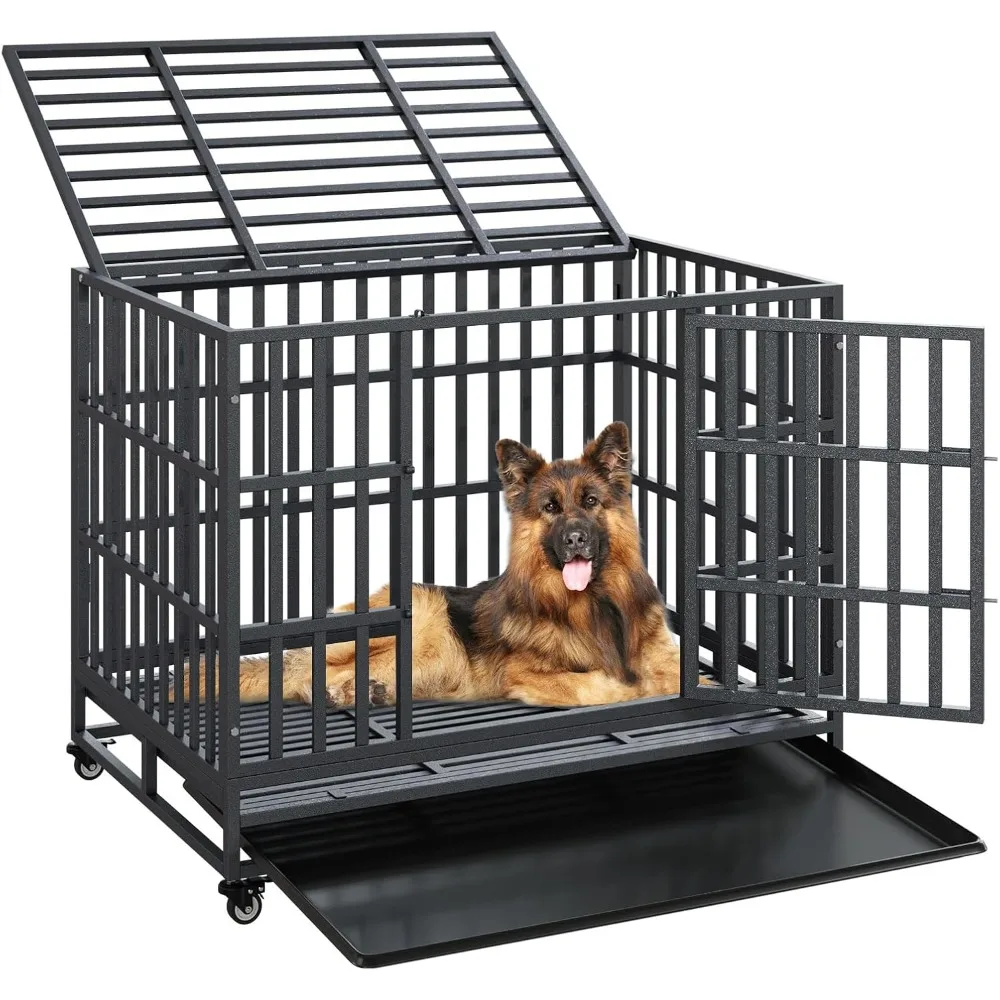 37'' Heavy Duty Dog Crate Metal Indestructible Dog Cage, Escape Proof Kennel with Lockable Wheels, Dog Kennels