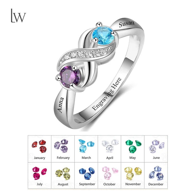 Custom Birthstone Rings for Women Personalized Birthstone Names Engraved Promise Ring for Mother Daughter Wife Birthday Gifts