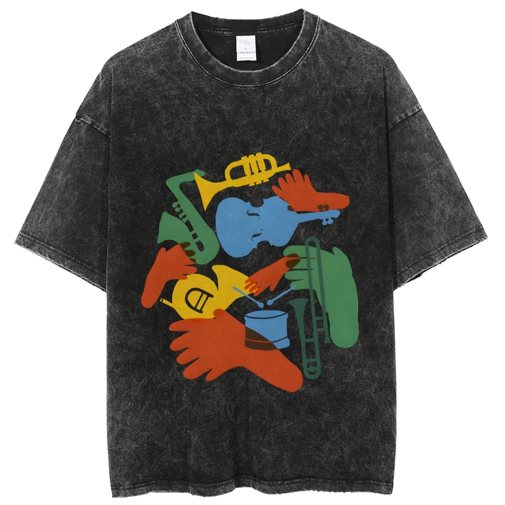 

Stylish Y2K Clothes Music Hands T-shirt All Cotton High Quality Oversize Washed Tee Abstract Music Performance Edgy Y2K Trend
