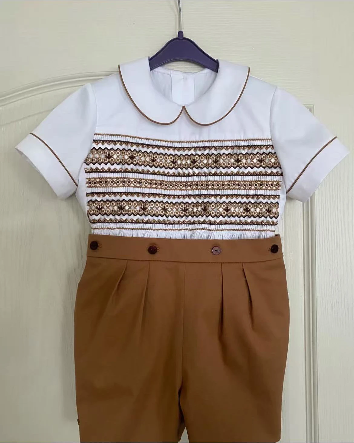 

0-6Y Baby Boy Summer Brown Handmade Embroidery Smocked Outfit Suit for Party Birthday Holiday