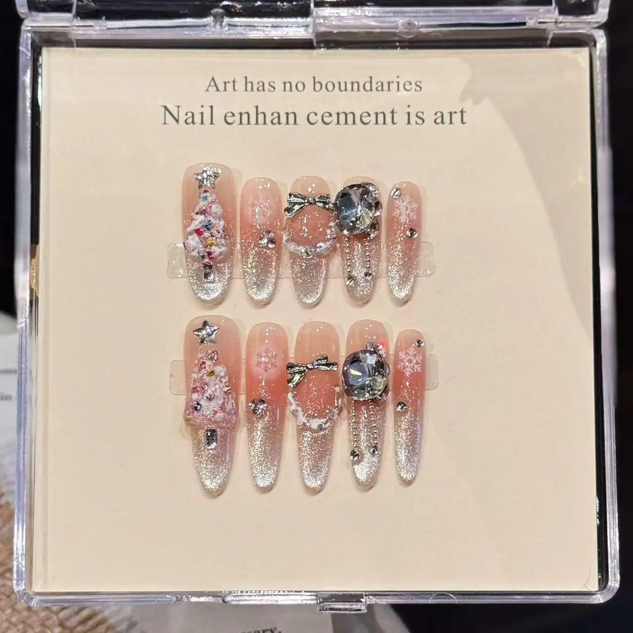 

10 PCS Luxury Handmade Press on Nails Long Oval Crushed Christmas ice Design with 3-PIECE Tool Adhesive Nail Glue Tabs