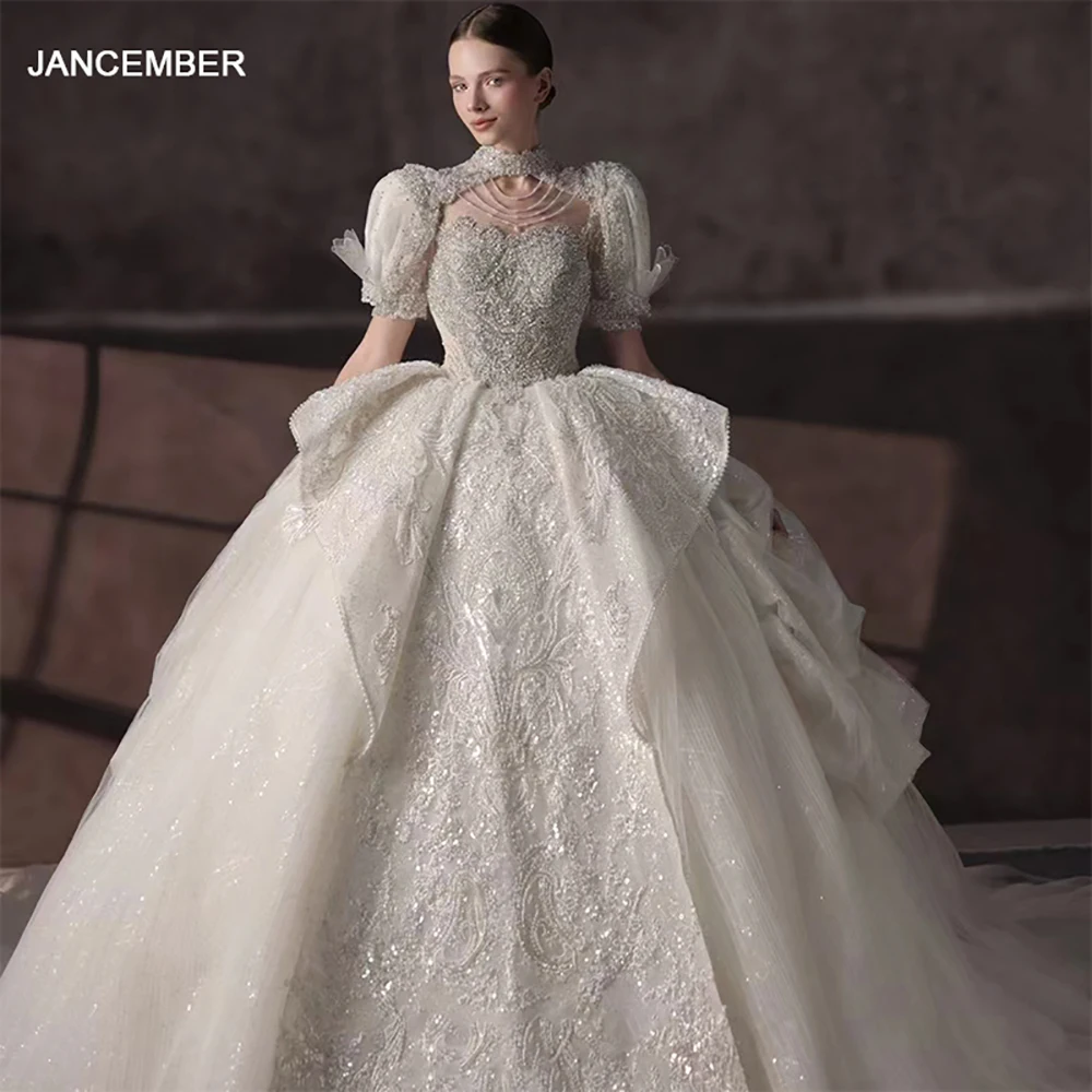 

Customized High Neck Ball Gown Lace Wedding Dresses Floor Length Beaded Bridal Dress with Court Train robes de mariée LSHT050
