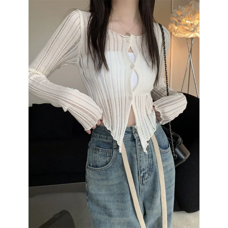 

QWEEK Knit Long Sleeve Cardigan Woman Gyaru Slim Button Up Blouses Summer See Through Casual Aesthetic Streetwear Korean Fashion