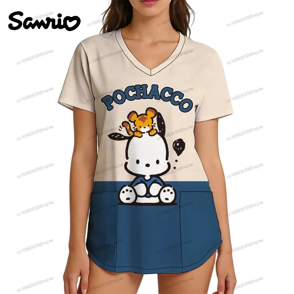 

Sanrio Character Anime Nurse Uniform 2026 Pochacco New in Tops & Tees Women's T-shirt Top Y2k S-2XL Kawaii Pocket V Neck Tshirts