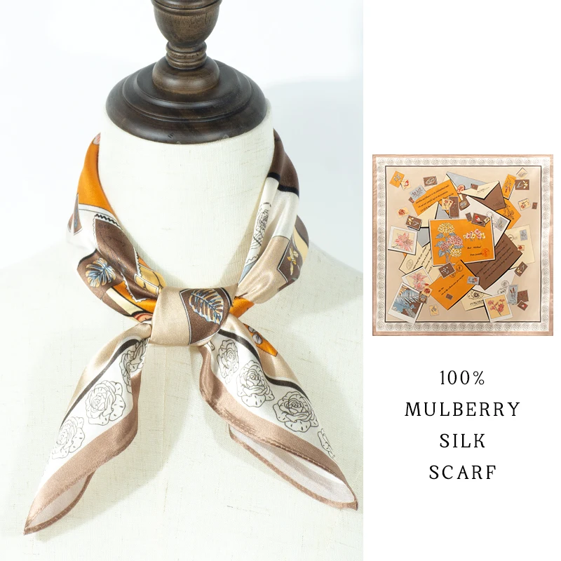 Women 100% Mulberry Silk Square Scarf 53cm Vintage Envelope Stamp Print Soft Neckerchief for Office Commute Daily Party