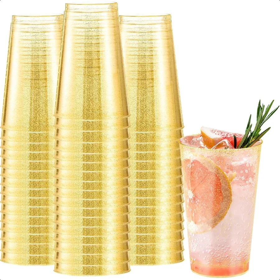 

12 oz Gold Plastic Cups 100 Pack Cold Party Drinking Cups Plastic Cup Tumblers Gold Cup for Party Wedding Halloween Christmas
