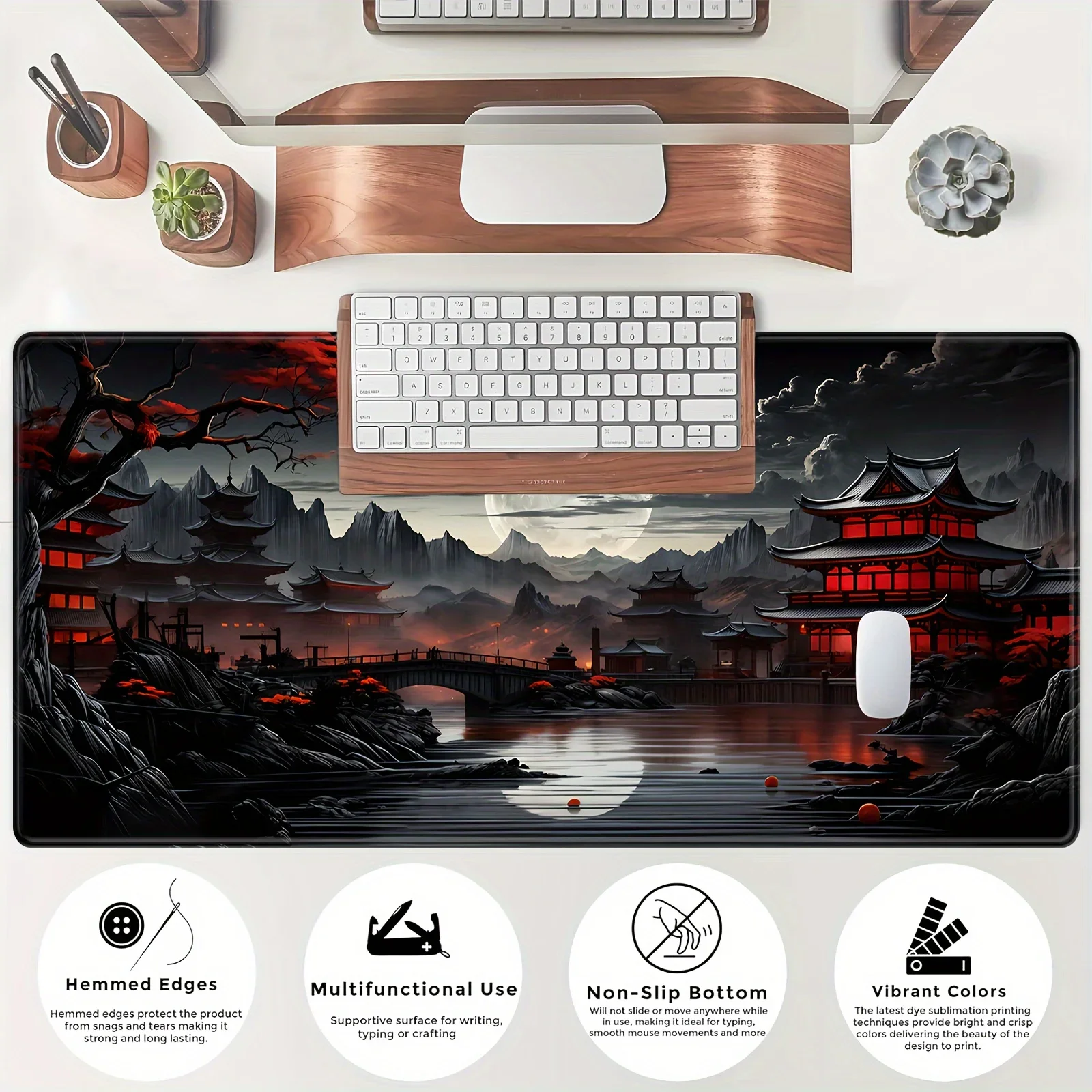 Schreibtischunterlage im japanischen Stil mit Vollmond-Fluss-Landschaft, rutschfestes Gummi-Gaming-Mauspad, erweiterte Tastaturmatte für Büro und Zuhause D