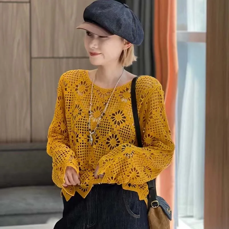 Boring Honey Spring Summer New Women's Fashion Elegant Versatile Top Slimming Hollow Knit Sweater Versatile Sweet Blouse Female