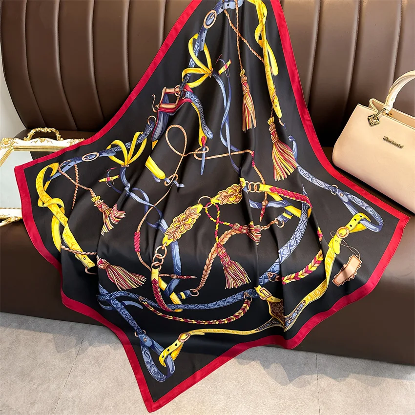 Luxury 2024 90*90cm Print Silk Scarf Headband Foulard Ribbon Wraps Hairband Neckerchief Female Shawls Bandanna Square Silk Scarf