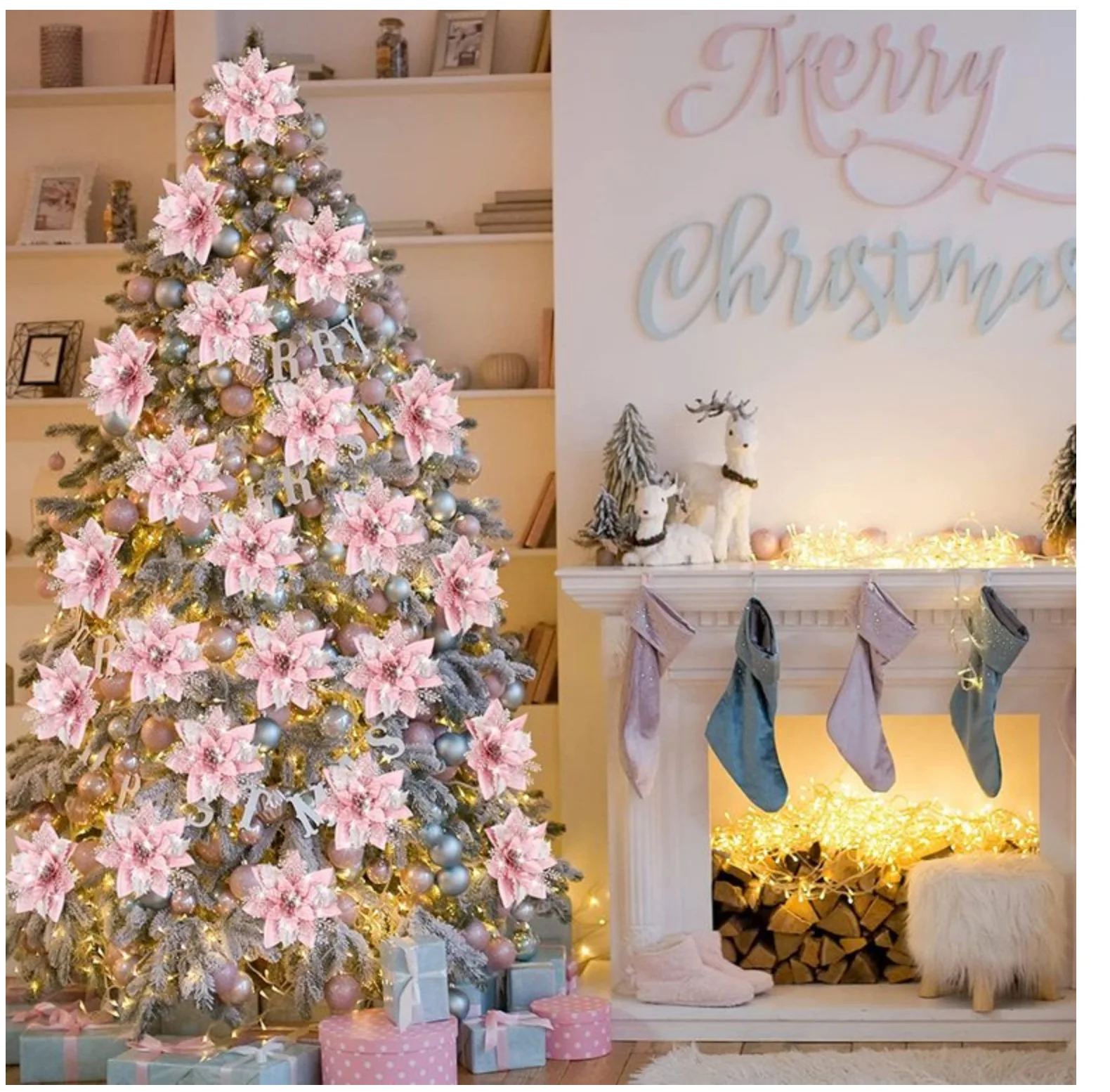 6/12 قطعة بريق زهور عيد الميلاد شجرة عيد الميلاد زهرة اصطناعية الحلي عيد الميلاد الديكور للمنزل 2025 نافيداد الزهور ديكور #5