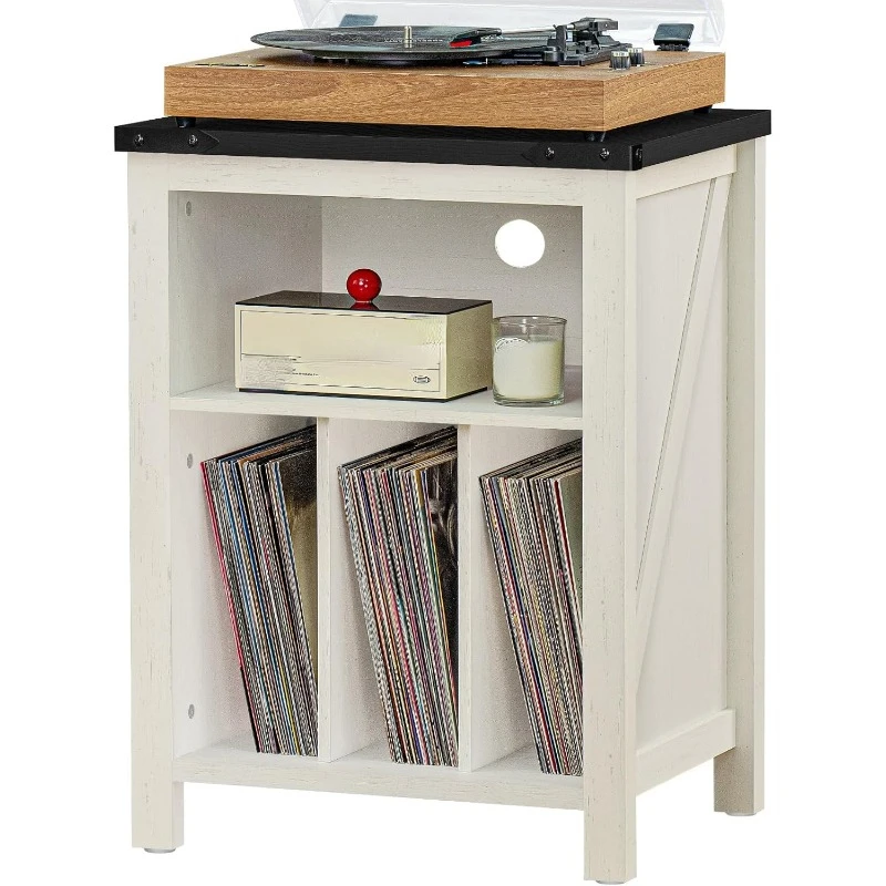 Record Player Stand with Vinyl Record Storage,White Record Player Table Holds up to 160 Albums,Large Wood Turntable