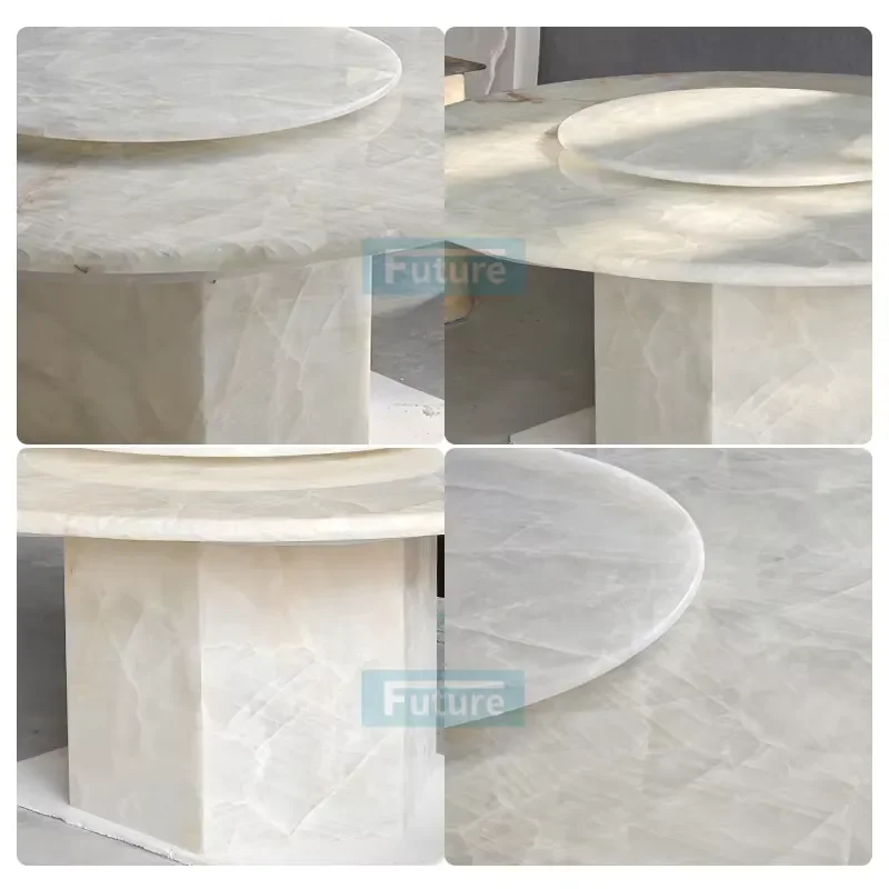 #Factory Style White Onyx Marble Dining Table with Marble Pedestal Base for Villa Apartment Hotel Dininig Room