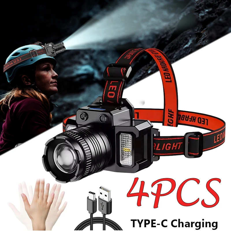 USB Rechargeable Induction Headlamp Built-in Battery Rotating Zoom Head Flashlight Camping Fishing Search Light Power Bank