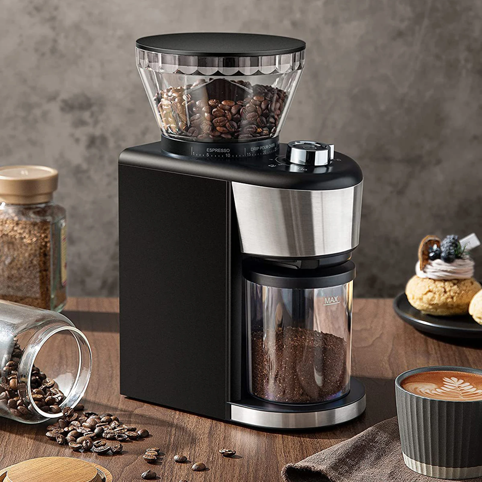 

Электрическая кофемолка 200 Вт с 35 настройками помола, регулируемая кофемолка с жерновами для эспрессо/капельного/черпашего/френч-пресс кофе