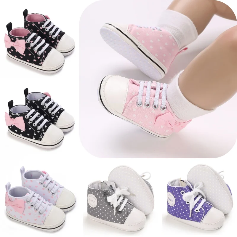 

Baby girls' sports shoes spring and autumn styles fashionable heart tied high top canvas shoes baby shoes casual walking shoes
