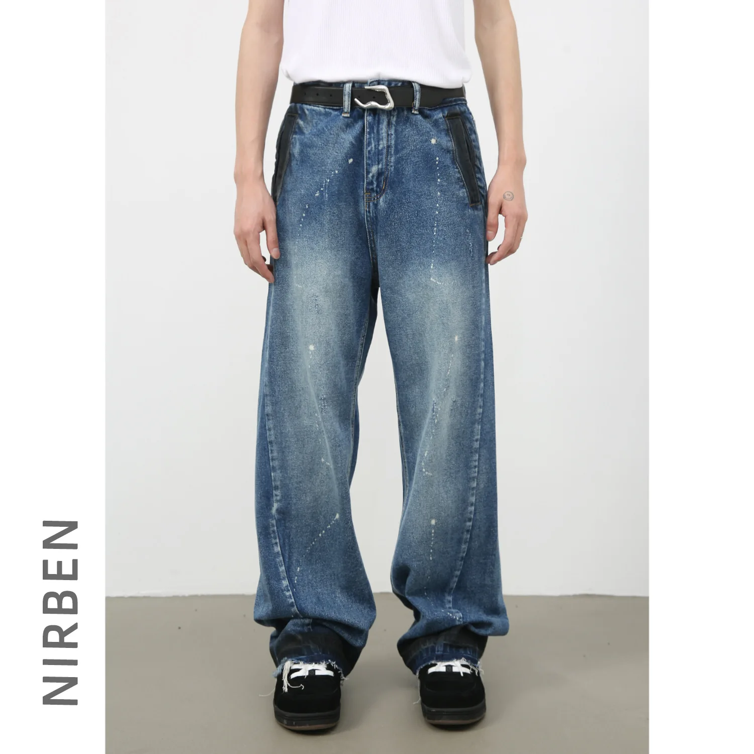 Denim Rough Edge Washing Water Hand-painted Wide-leg Jeans Men's American Street Loose Straight Trousers