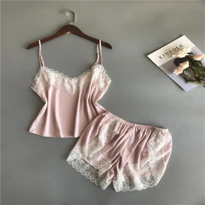 1611-7Sexy Silk Multicolor Optional Lace Silk Suspender Shorts Two Piece Suit Homewear Women