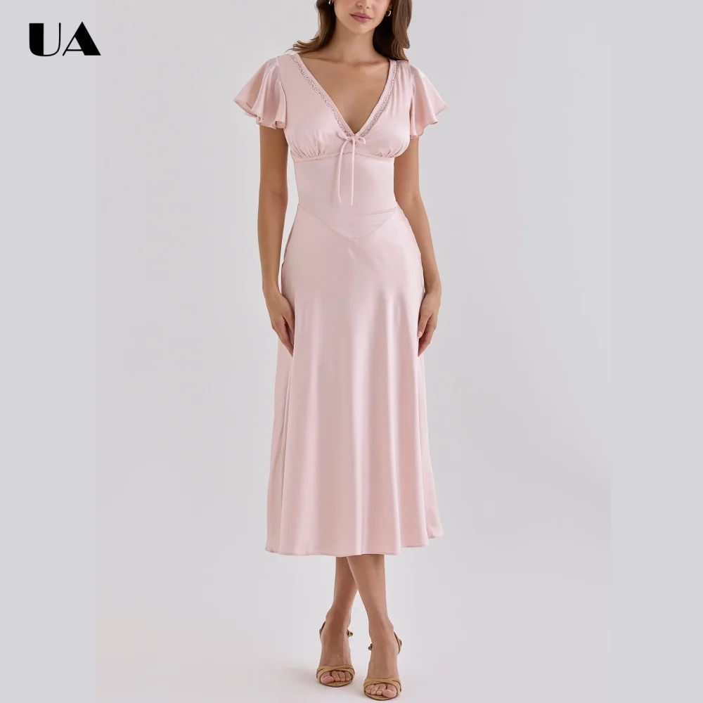 ULBYANRY Customized Satin Lace-trimmed Tea Dresses for Women Elegant Bow Wedding Guest Dress Classy Ruffled Sleeve Party Dress