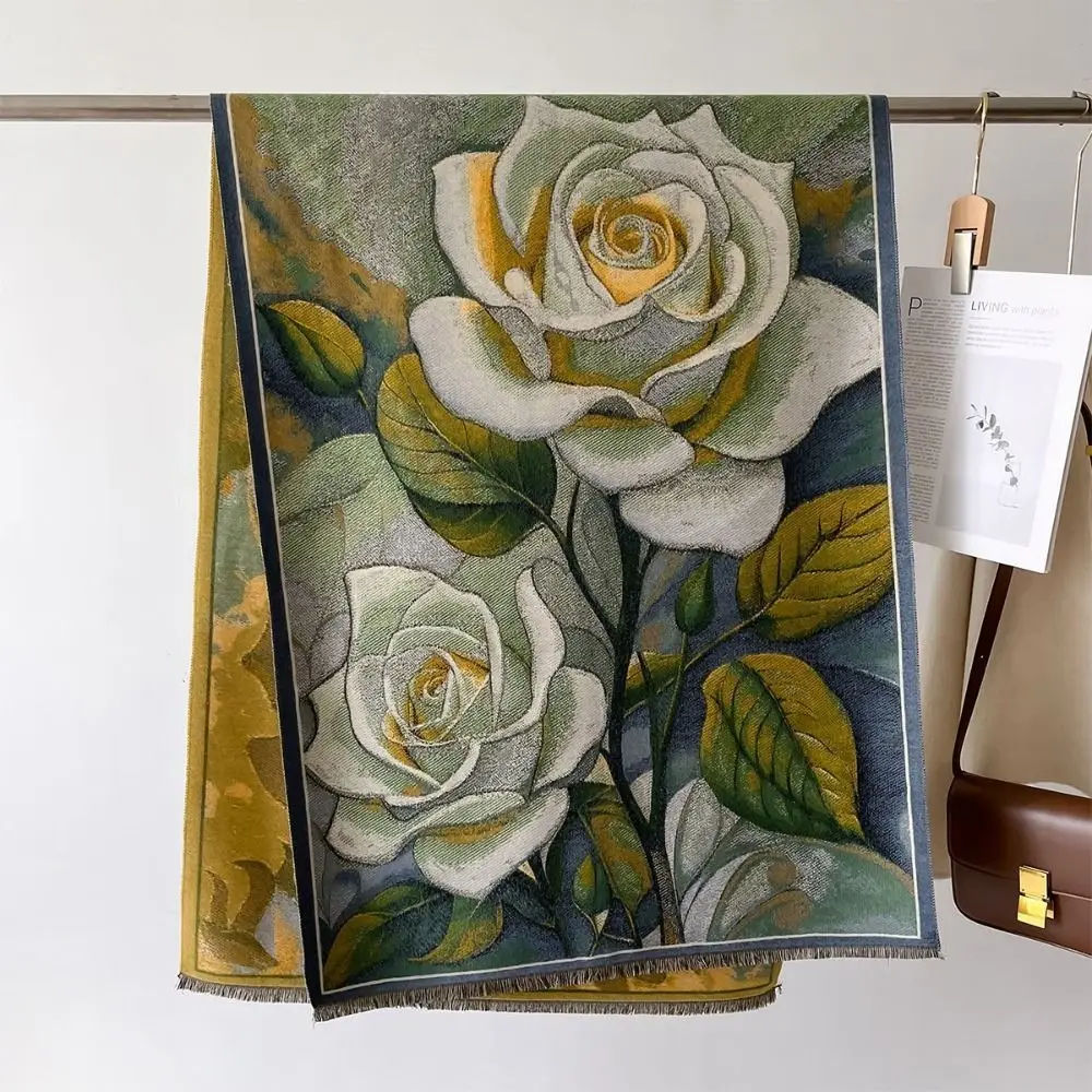 Imitation Cashmere Oil Painting Scarf Thicken Luxury Elegant Floral Jacquard Shawl Long Fringed Shawl