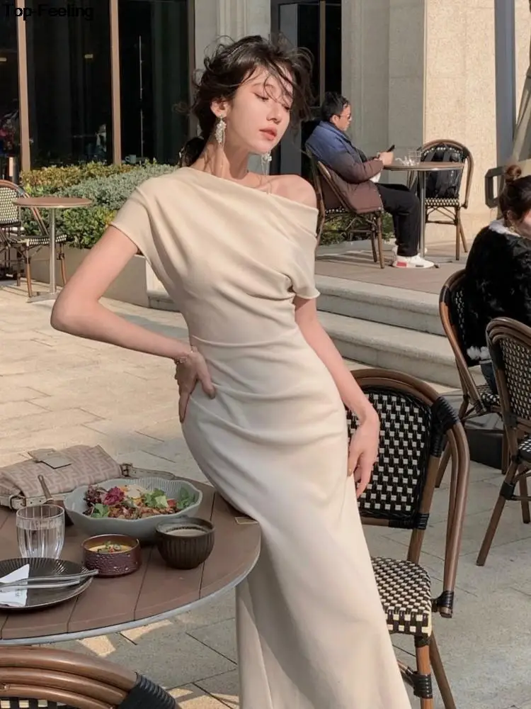 France Elegant Solid Party Prom Midi Dresses Fashion Off Shoulder Backless Graduation Clothing Women Summer Vestidos 2024