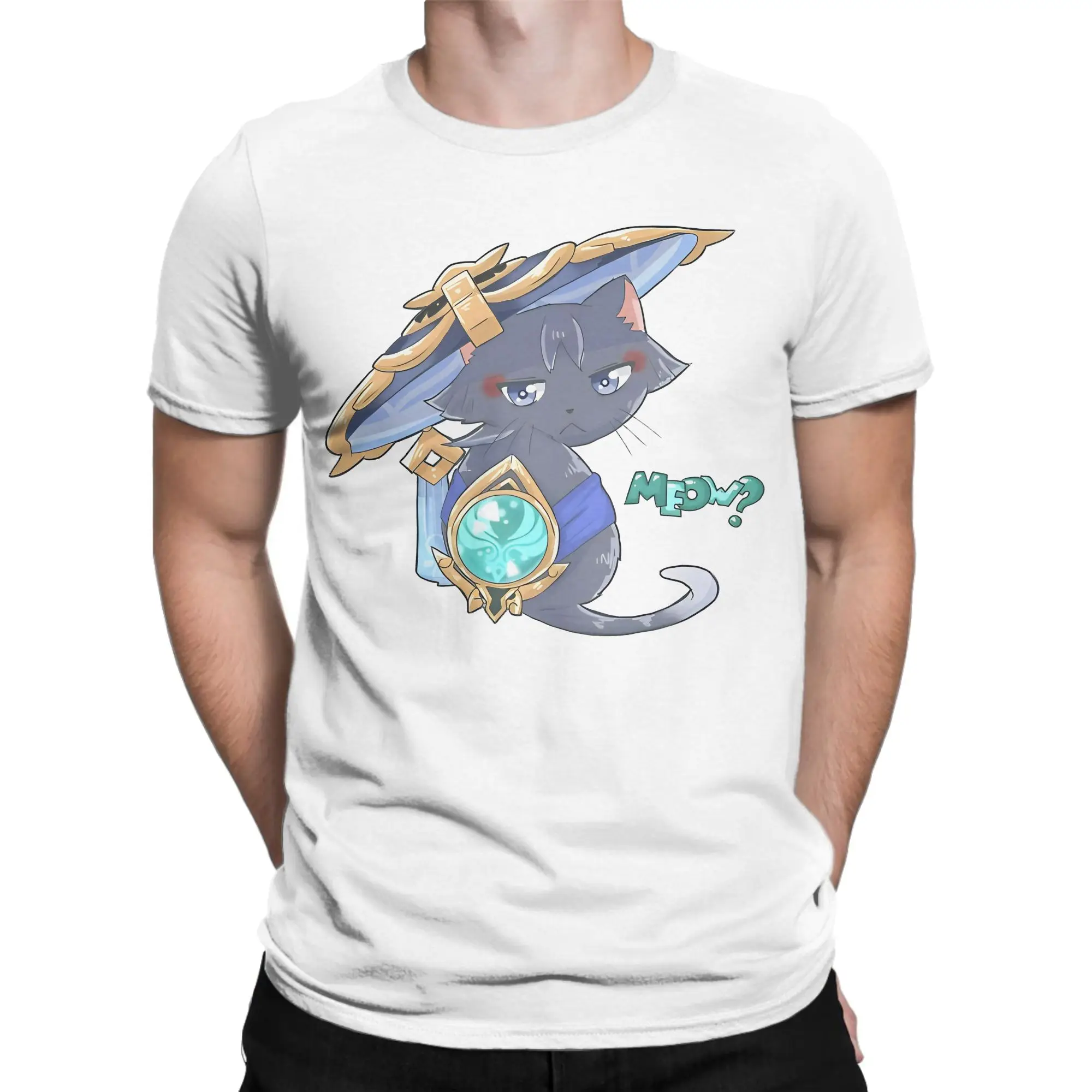 Meow Wanderer cat T-Shirts for Men Women Genshin Impact Fun Pure Cotton Tee Shirt Crew Neck T Shirts Gift Idea Clothing