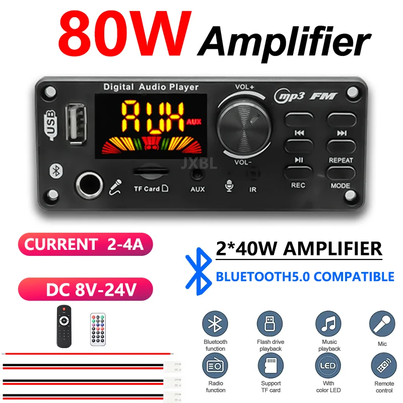 80W Bluetooth 5.0 MP3 Decoder Board 2x40W Stereo Audio Player USB TF FM AUX Mic Recording Karaoke DC 8V-24V Car Home