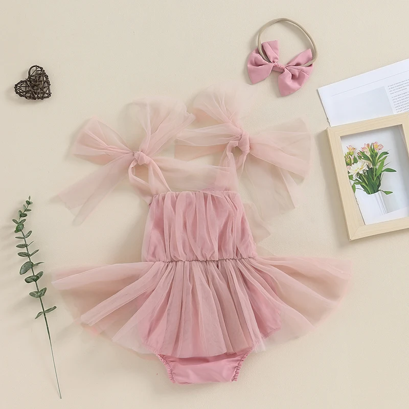 EWODOS Baby Girls Bodysuits Dress Sweet Tulle Skirts Hem Sleeveless Jumpsuits Toddler Clothes Infant Bodysuits with Bow Headband