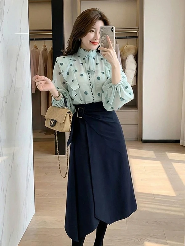 

Spring 2026 Polka Dot Lantern Sve irt High Waist Slimming f Skirt Set Women's Faionable Ensemble Casual Workwear