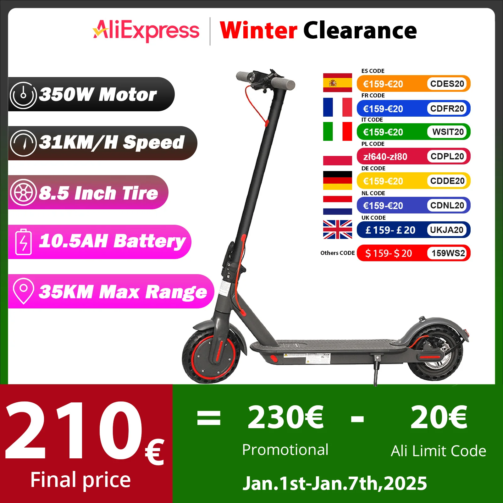 AOVOPRO ES80 Electric Scooter 350W Motor 10.5AH Battery 31KM/H Max Speed 35KM Super Range 8.5Inch Folding Adults APP Scooter