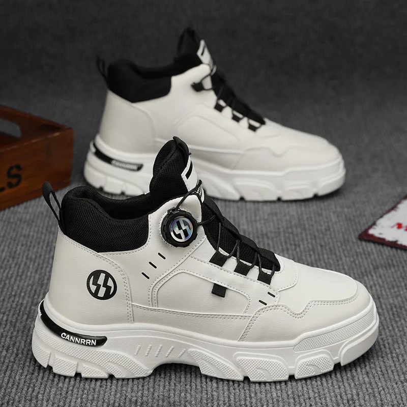 

Men's High Top Sneakers Fashion Leather Casual Shoes Outdoor Non Slip Hiking Shoes for Men Rotating Buttons Platform Shoes Botas