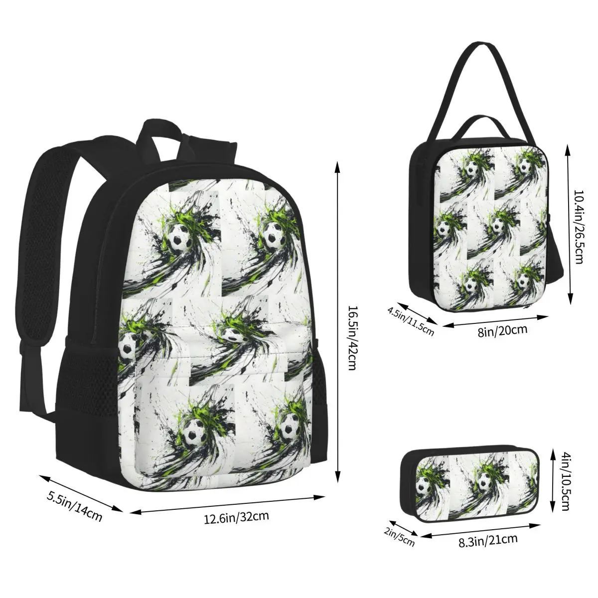 Colour Soccer Splash Ink Football Art Watercolor Backpacks Bookbag School Bags Rucksack Lunch Bag Pen Bag Three-Piece Set