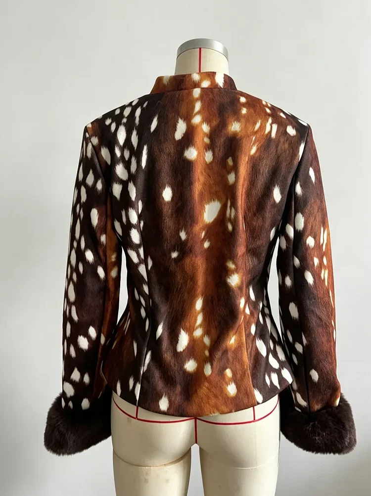 Damen Kunstpelzjacke mit Stehkragen, Großen Dunklen Pelzmanschetten, Patchwork-Design, Kurzer Mantel im Vintage-Tierdruck, Flauschige Figurbetonte Oberbekleidung – Detail 3