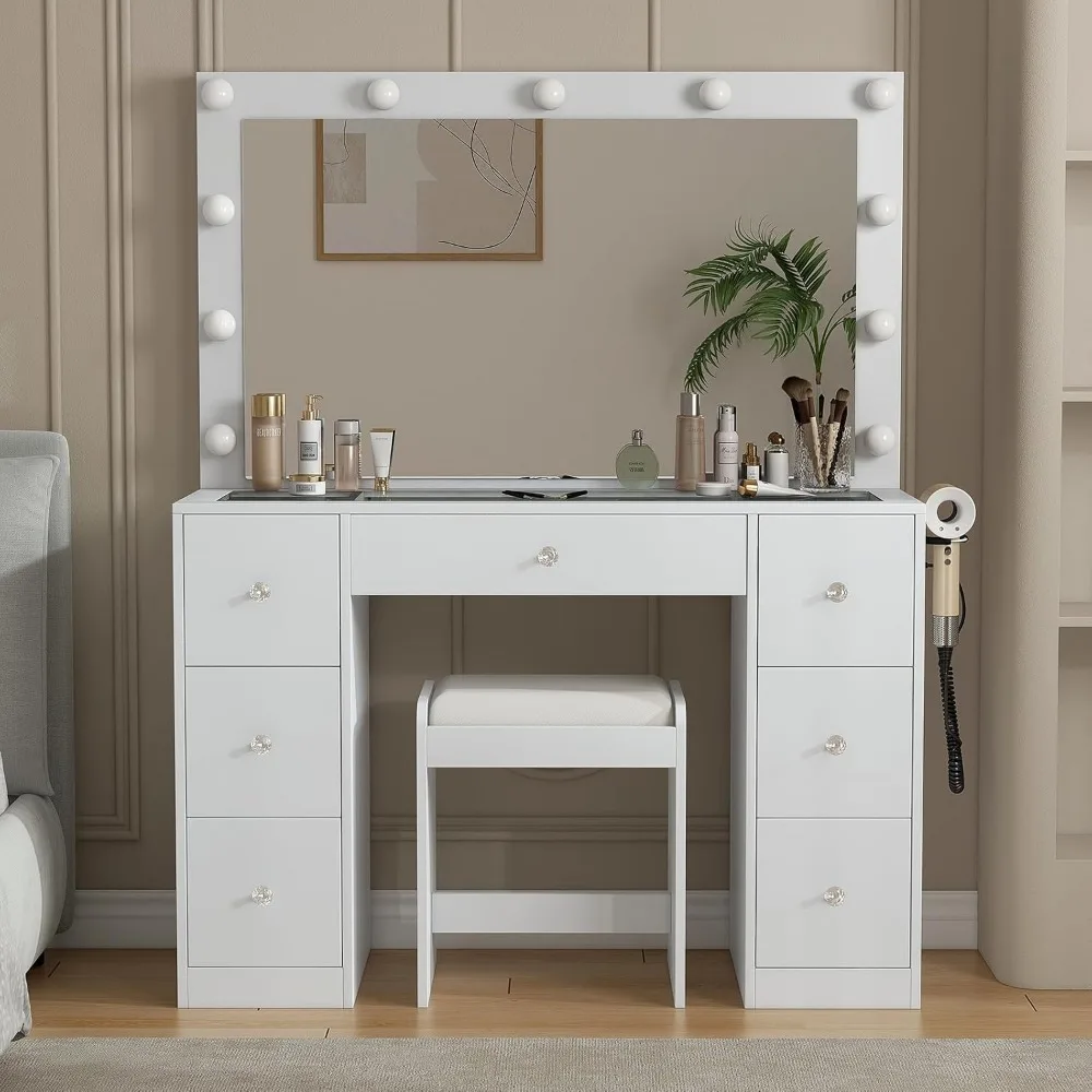 

43 inch wide vanity with power socket, LED lighting mode with 3 adjustable colors and brightness, and a vanity with 7 drawers