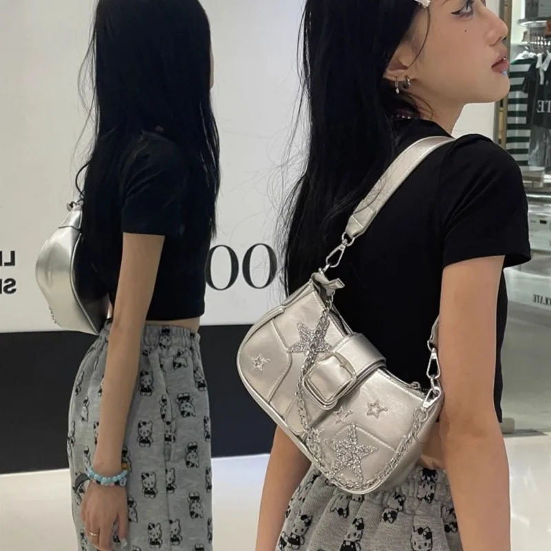 Xiuya Y2k Designer Womens Shoulder Bag Silver Chains Fashion Summer Pu Leather Handbag Original Luxury Daily Female Armpit Bag