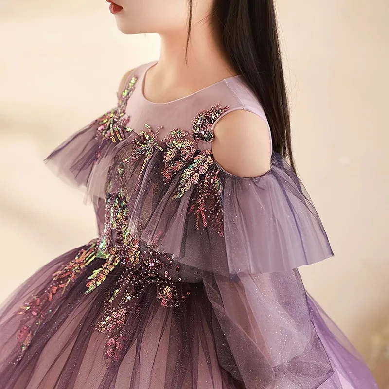 2024 Teenmiro Elegant Party Dress for Junior Girls Children Sequined Purple Tulle Dresses Kids Grad Night Formal Ball Gowns