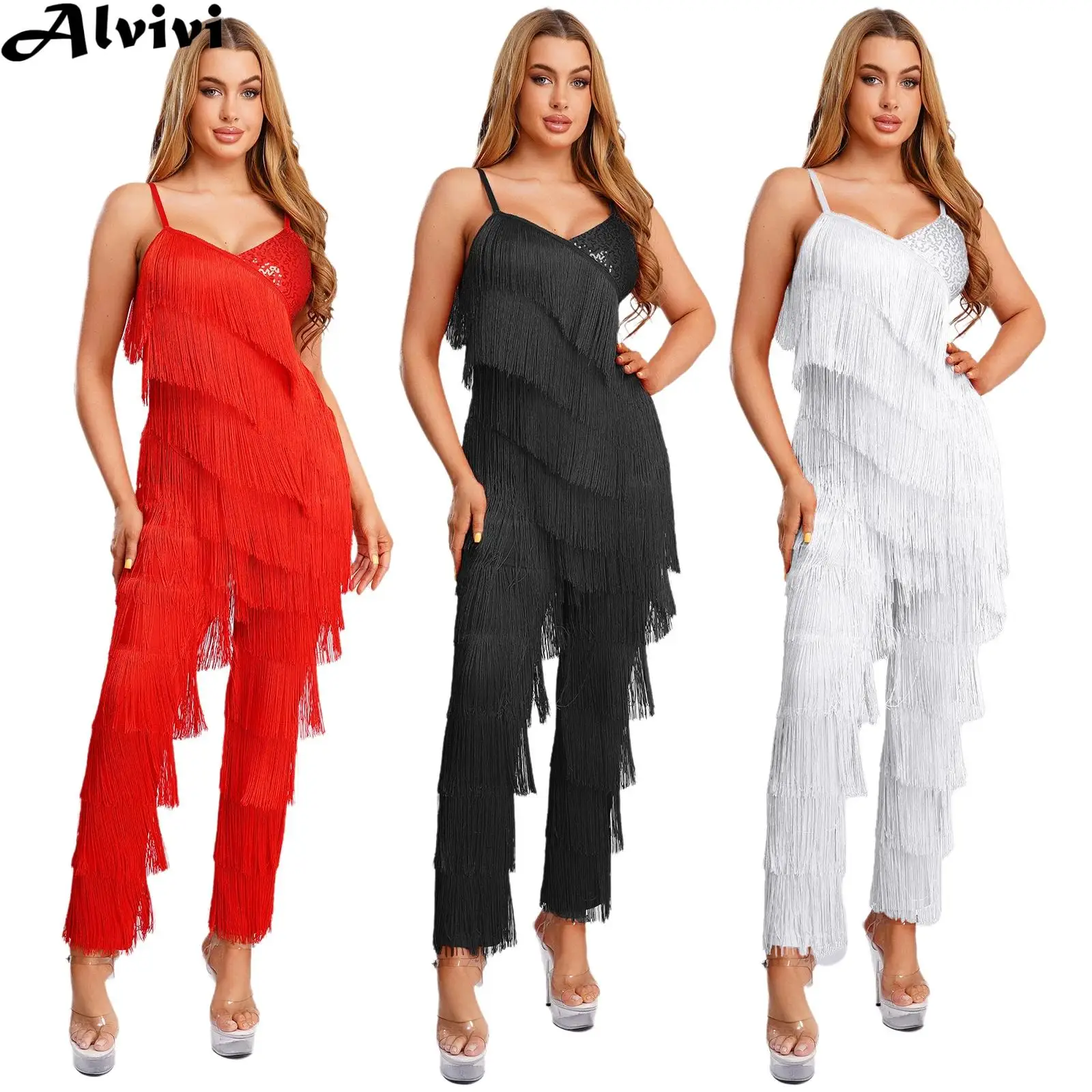 Women Shiny Sequin Tassel 70s Disco Latin Jazz Dance Jumpsuit Cha-cha Tango Salsa Rumba Ballroom Bodysuit for Halloween Carnival