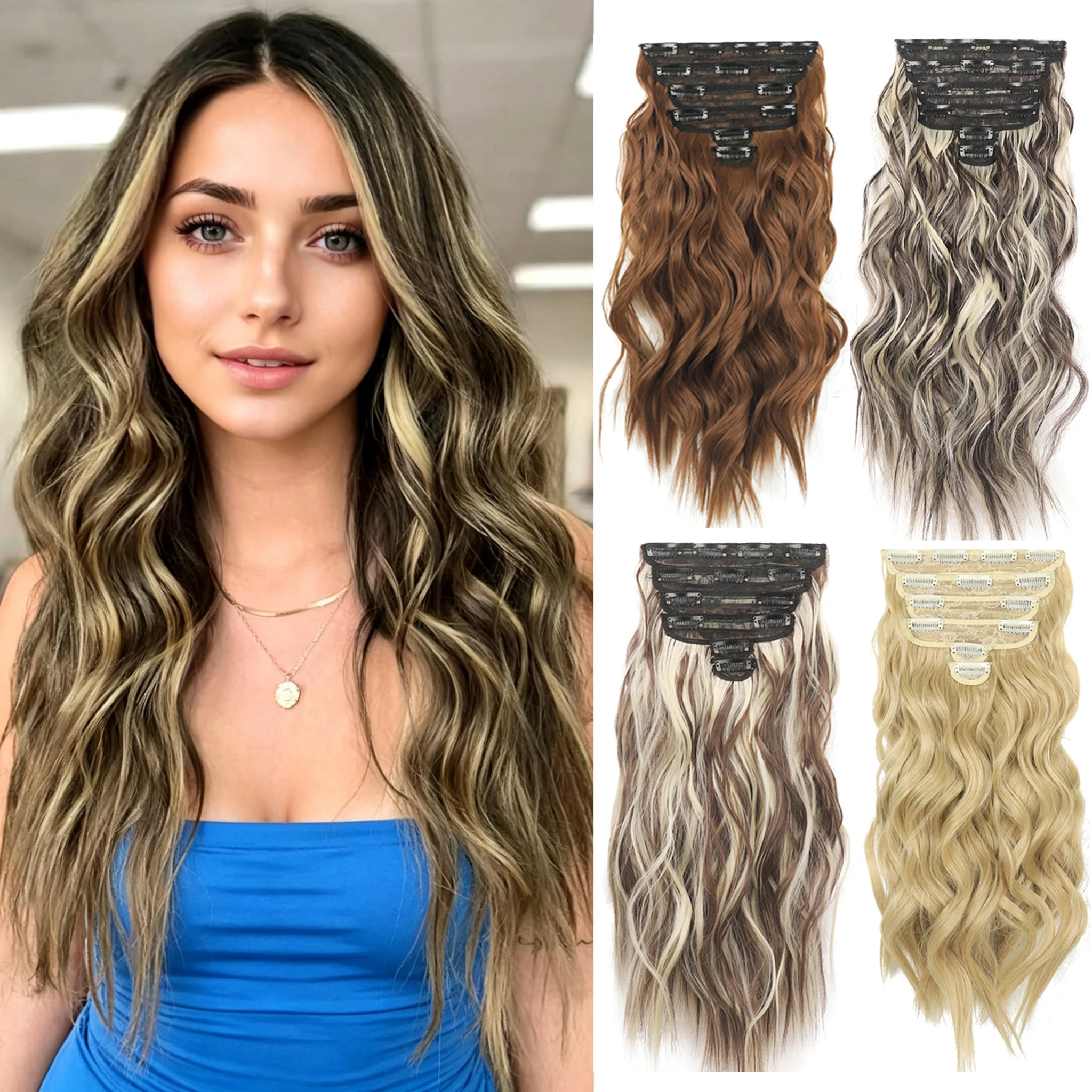 Zolin 6Pcs Mesh Base Clip In Hair Extensions 185g 60cm Water Wave Wavy Thick  Synthetic Hair Clip On Hair For Women