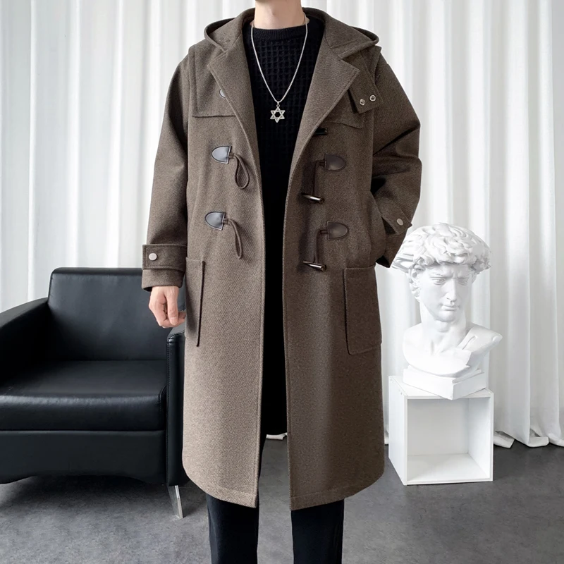 Mens Hooded Long Woolen Coats Oversized Solid Color Winter Windbreaker Korean Style Casual Trench Outwear Male Clothes