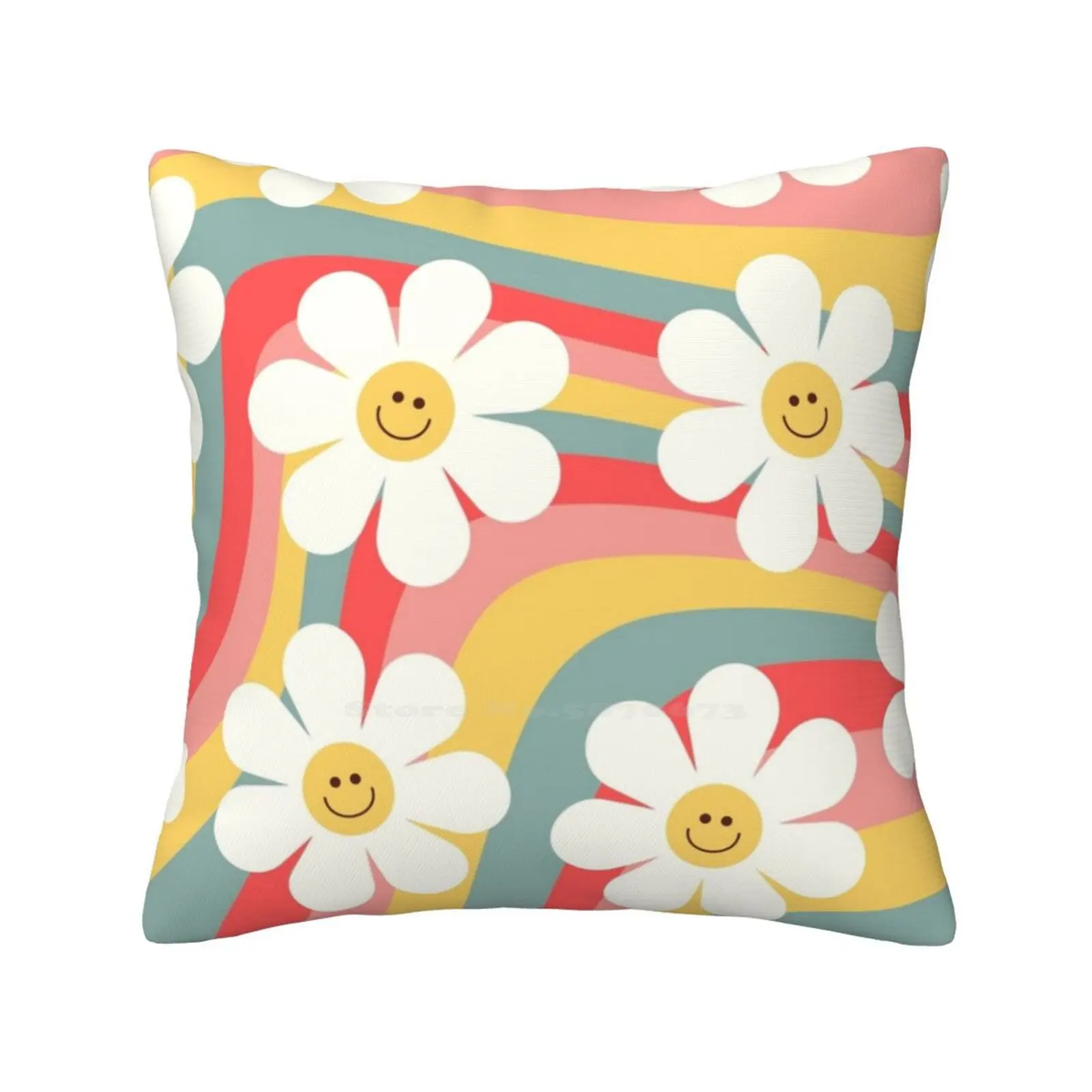 Wavy Daisies Pillow Cover Hug Pillowcase Graphic Design Face Daisies Flowers Groovy Flowers Groovy Daisies 80s 90s 2000s 70s