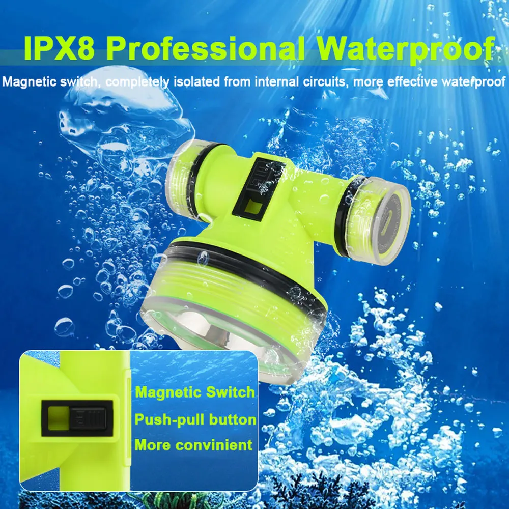 Portable Large Light Cup Rechargeable Diving Headlight Underwater IPX8 Waterproof Super Bright LED Diver Spearfishing Headlamp