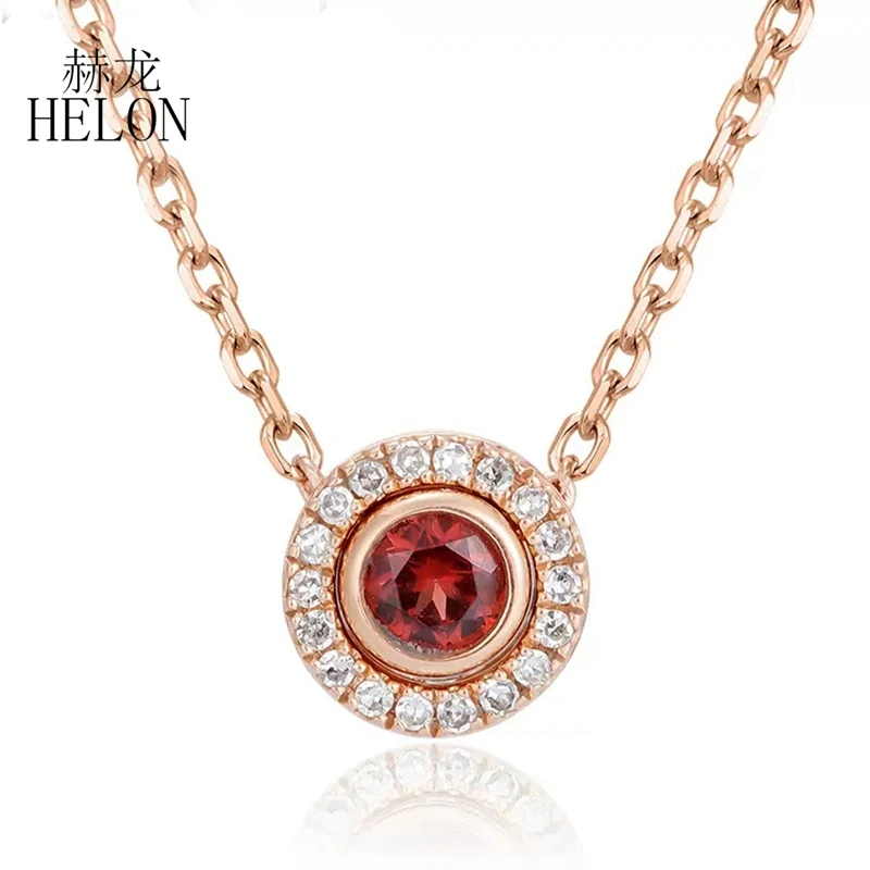 HELON Real 18K Yellow Gold Round Real Garnet Diamonds Pendant Necklace Trendy Classic Lock Chain Charm Gift Jewelry Necklace