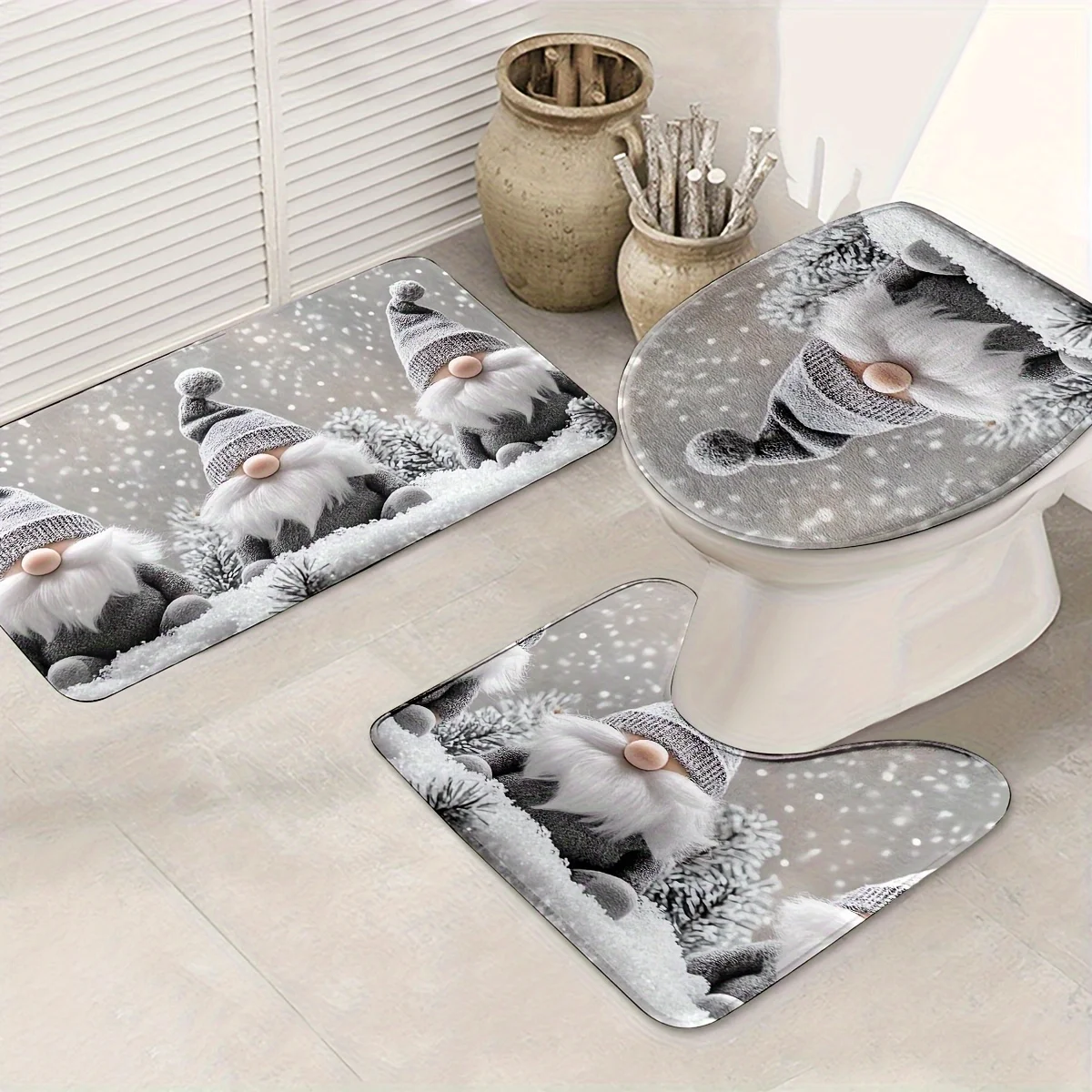

3pcs Christmas Gnome Bath Mat Set with Toilet Lid Cover + U-Shaped Floor Mat, Non-Slip Festive Holiday Decor for Bathroom
