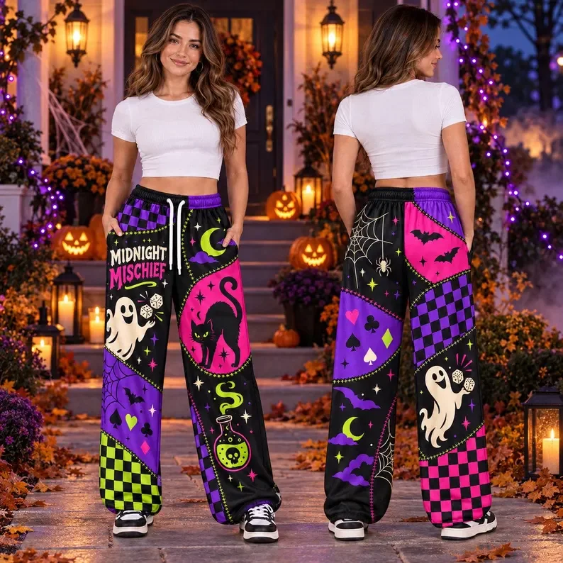 Halloween Patchwork Wide Leg Pants, Midnight Prank Ghost, Black Cat, Bat, Spider Web, Printed Ghost Magic Potion, Loose Pants