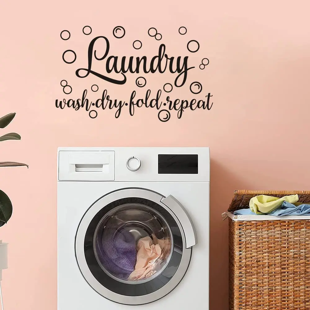 Laundry Room Wall Decals Farmhouse Wash Dry Fold Repeat Wall Stickers with Bubbles Home Organization Wall Decor