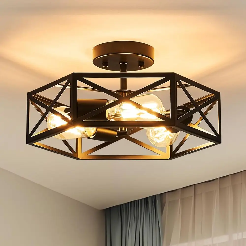 

Industrial Semi-Flush Mount Ceiling Light, Hexagonal Fixture for Kitchen, Bedroom, Foyer, Dining Room, Hallway, 3-Light, 14.6 In