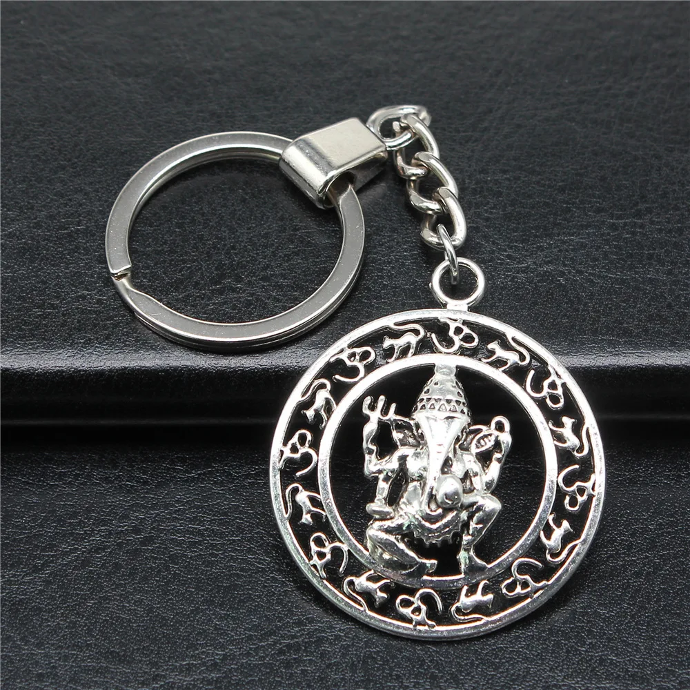 Men Jewelry Gift Vintage Antique Silver Color 38x38mm Indian Elephant God Om Pendants Keychain Keyring Holder